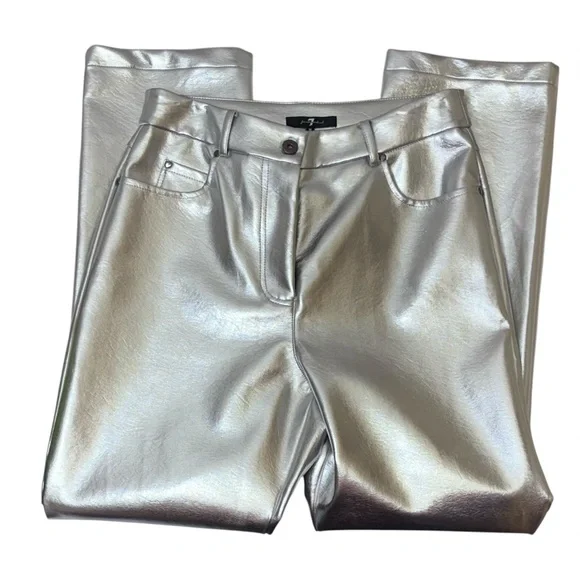 7 For All Mankind Silver Metallic Coated Straight Leg Pants Size Medium NWT - Picture 6 of 13